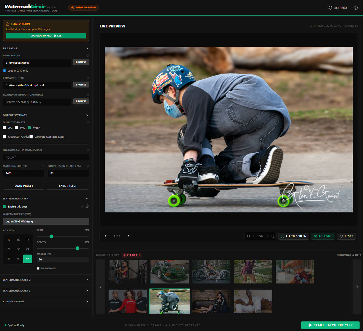 Skateboarder photograph with visible Glen E. Grant signature watermark positioned at bottom-right
