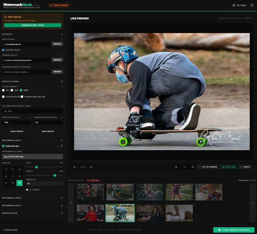 Skateboarder photograph with visible Glen E. Grant signature watermark positioned at bottom-right
