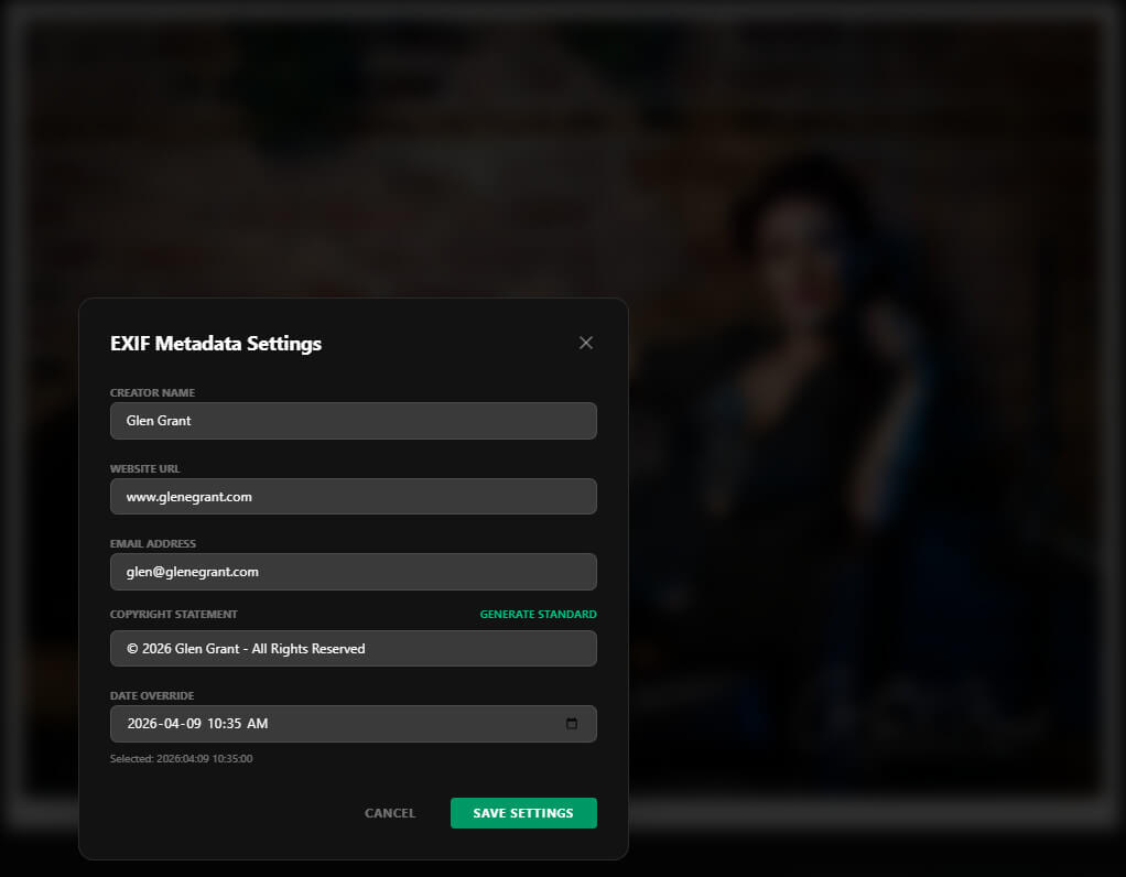 EXIF Metadata Settings dialog showing Creator Name, Website URL, Email, and Copyright Statement fields