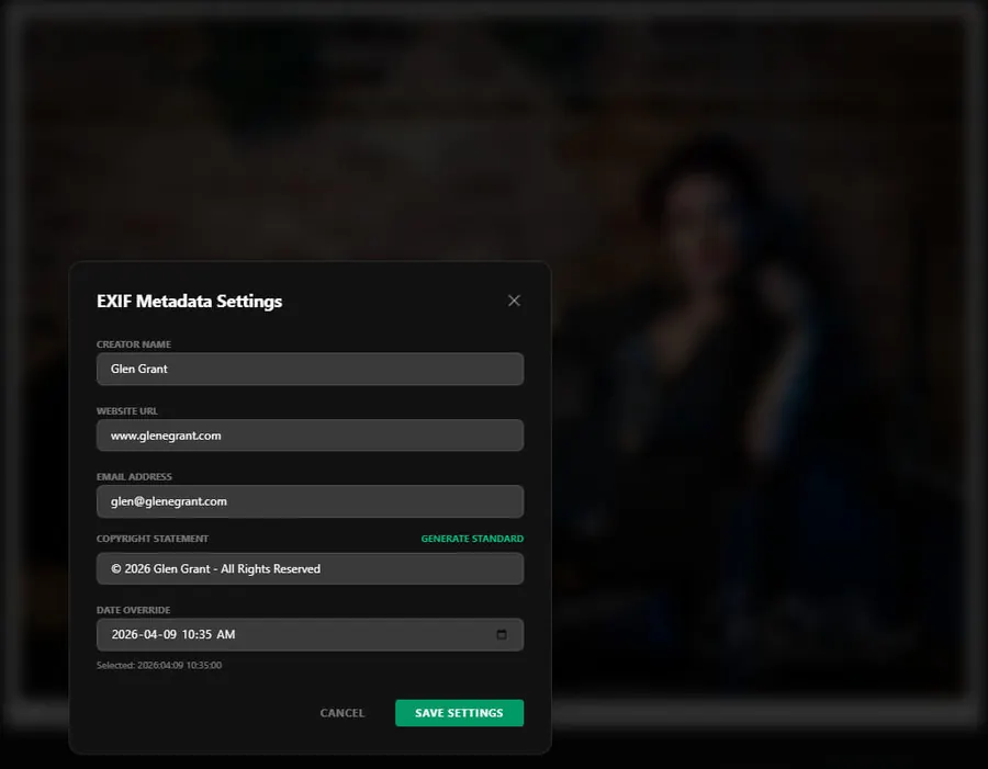 EXIF Metadata Settings dialog showing Creator Name, Website URL, Email, and Copyright Statement fields