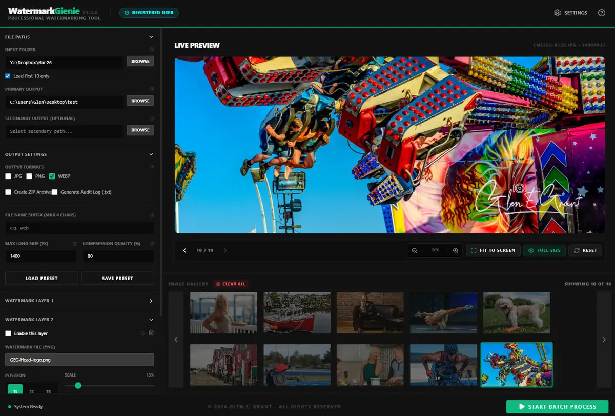 Watermark Gienie full desktop interface with colourful CNE event photograph open in live preview