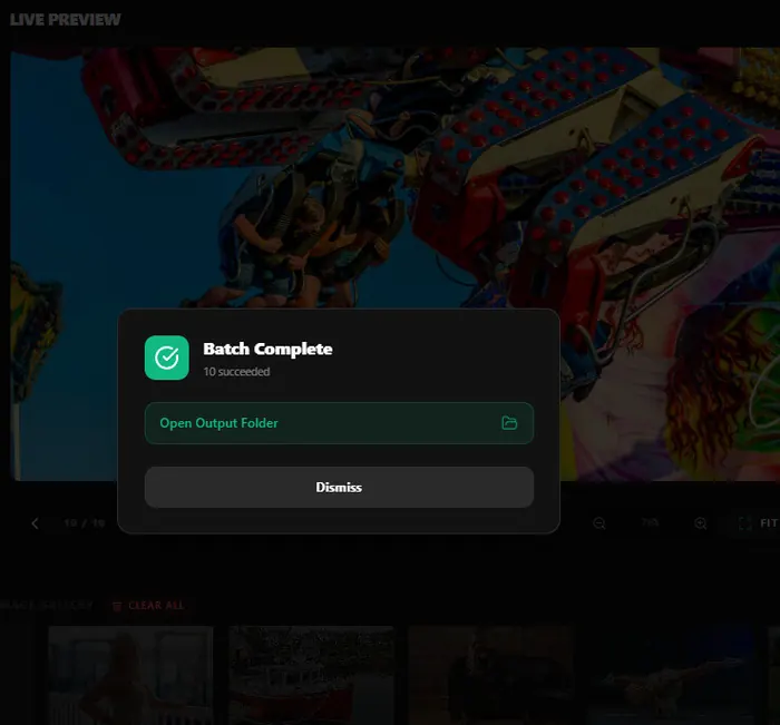 Batch Complete confirmation dialog showing 10 images succeeded with Open Output Folder button