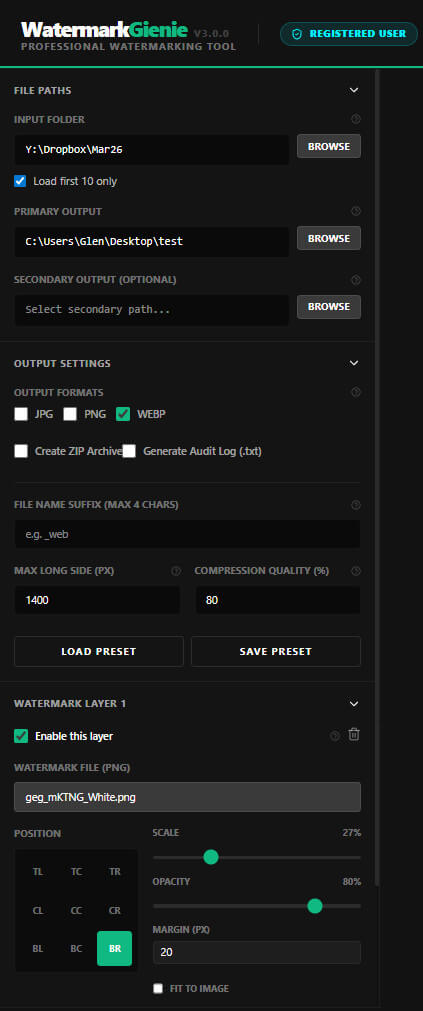 Watermark Gienie sidebar showing Registered User status, Load Preset and Save Preset buttons, and layer controls