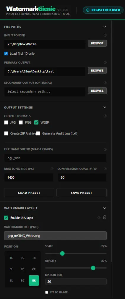 Watermark Gienie sidebar showing Registered User status, Load Preset and Save Preset buttons, and layer controls